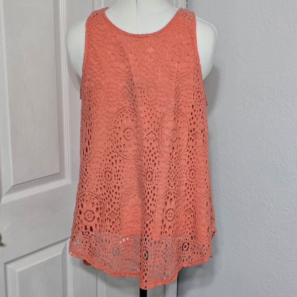 Coral Crochet Lace Tank Top Size Large Boho Eyelet Layered Summer Vacation Beach